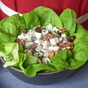 Two hands holding a bowl of chicken Waldorf salad.