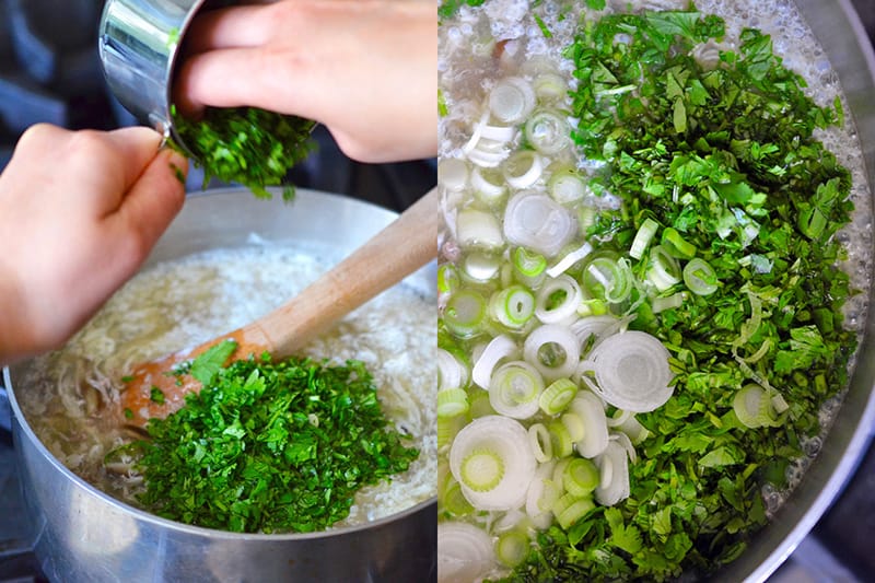 Adding minced cilantro and sliced scallions to West Lake Soup off the heat.