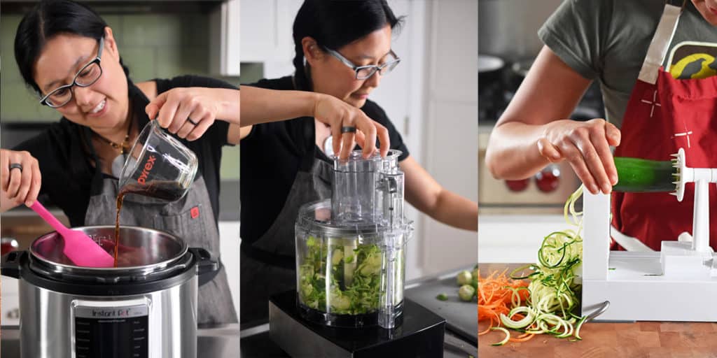 A woman is pouring a brown sauce into an open Instant Pot, a woman is chopping vegetables in a food processor, and a person is spiraling a zucchini.