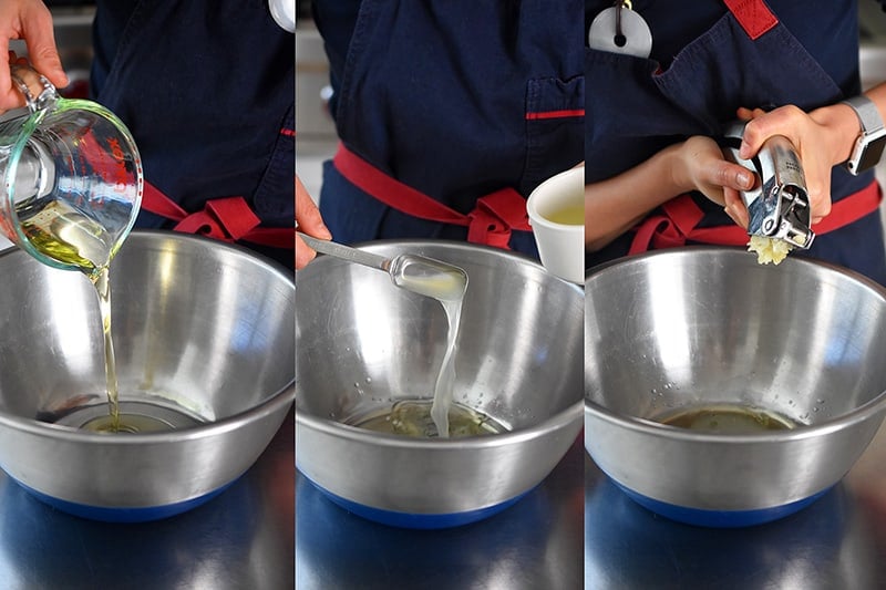 Making the marinade for Sheet Pan Chicken Fajitas with oil, lime juice, and minced garlic.