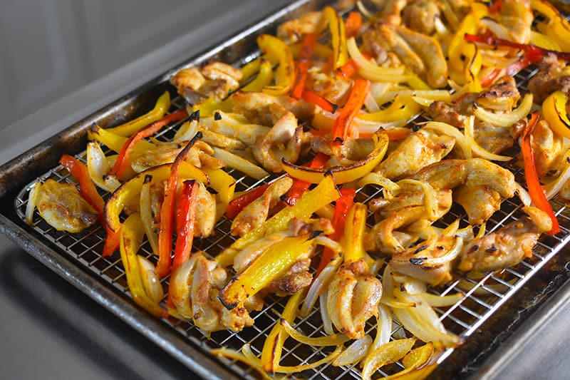 Sheet Pan Chicken Fajitas baked on a wire rack are not soggy