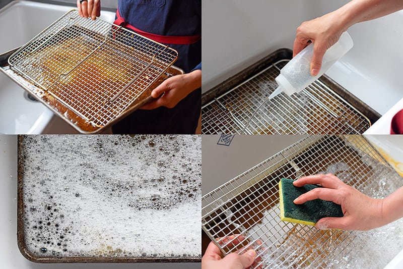 Steps on how to clean a dirty stainless steel wire rack in the sink. Soak it upside down in soapy water in a rimmed baking sheet and scrub off the grime.