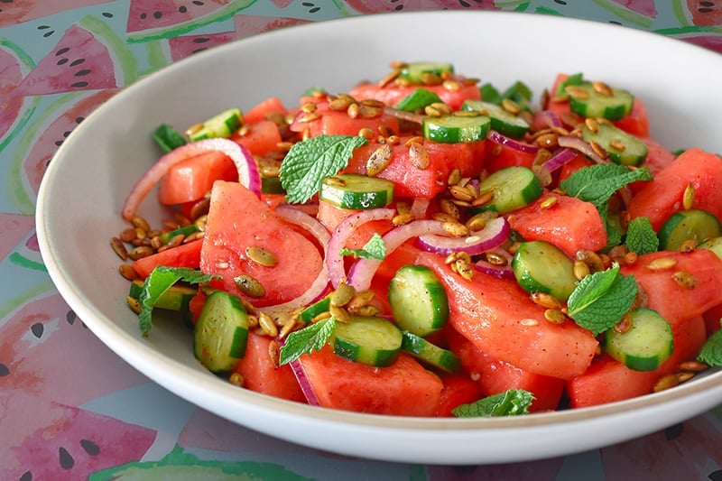 A bowl of paleo and Whole30 Mexican watermelon salad.