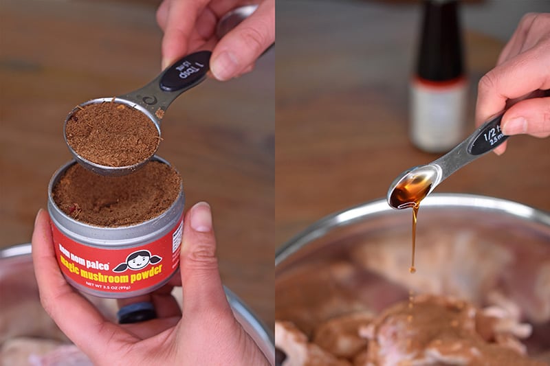 Measuring out and adding magic mushroom powder and fish sauce to a bowl of chicken.
