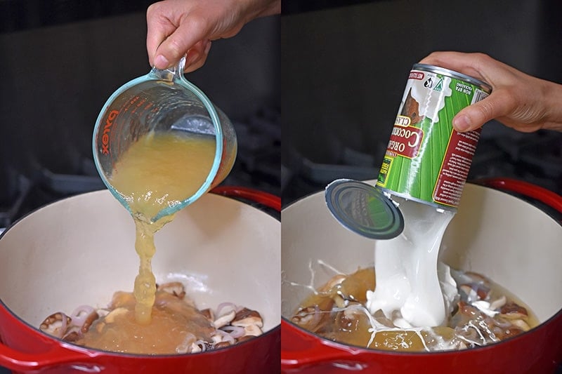 Pouring broth and canned coconut milk into the pot to make authentic Tom Kha Gai 