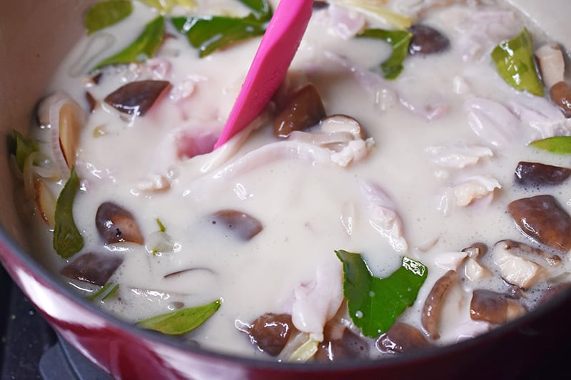An overhead shot of homemade Whole30 Tom Kha Gai in a pot.