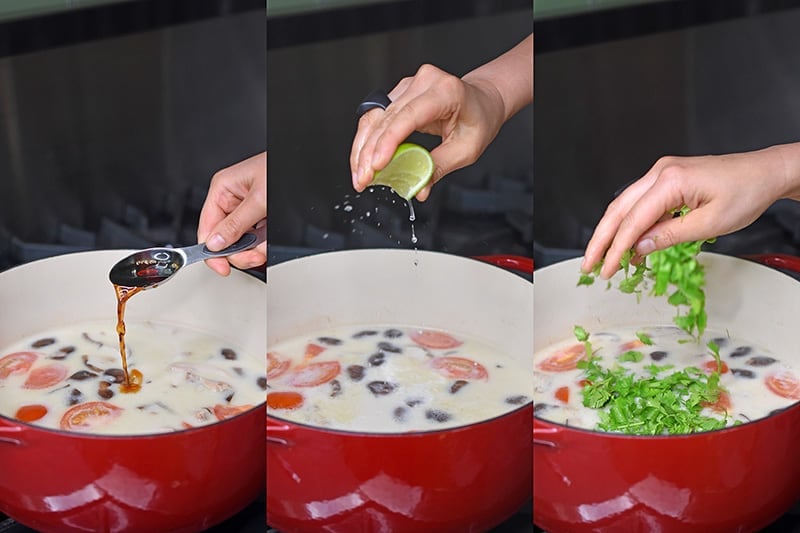 Adding fish sauce, lime juice, and fresh herbs to healthy Whole30 Tom Kha Gai 