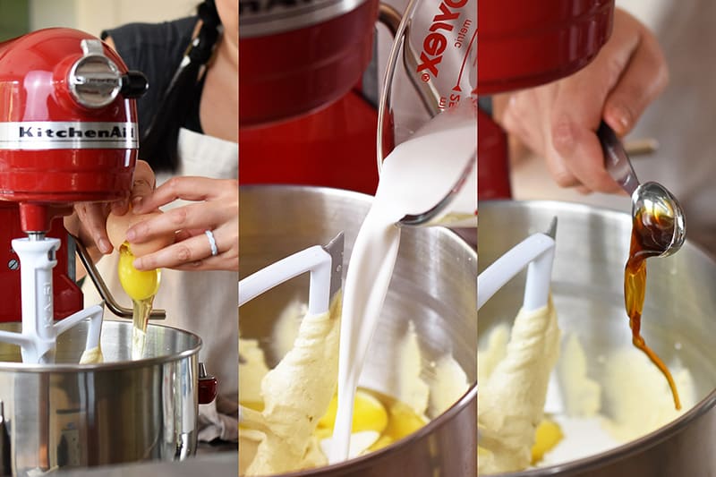 Three images showing raw eggs, coconut milk, and vanilla being added to the apple Bundt Cake batter in a stand mixing bowl