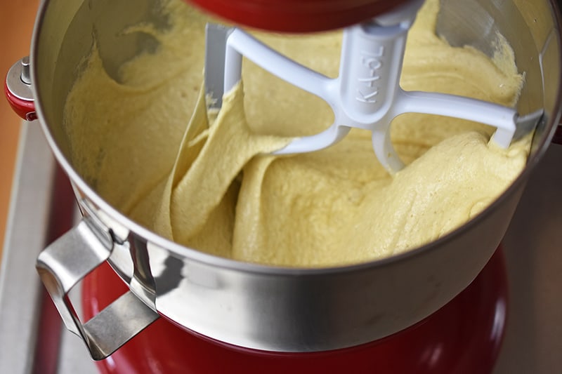 An overhead shot that shows what the apple Bundt Cake batter looks like after all the liquid ingredients have been mixed in.