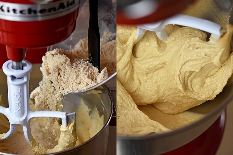 Two photos of a stand mixer where the rest of the dry ingredients are added and mixed into the apple Bundt Cake batter until uniform.