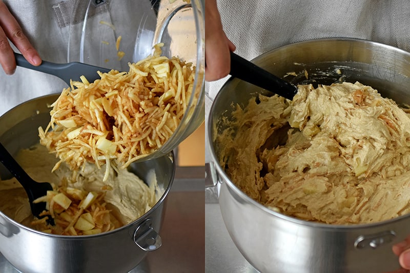 Two photos showing someone folding in the shredded apples into the apple Bundt Cake batter.