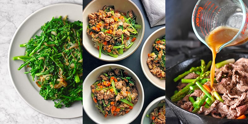 An overhead shot of different dishes that are seasoned with All-Purpose Stir-Fry Sauce 
