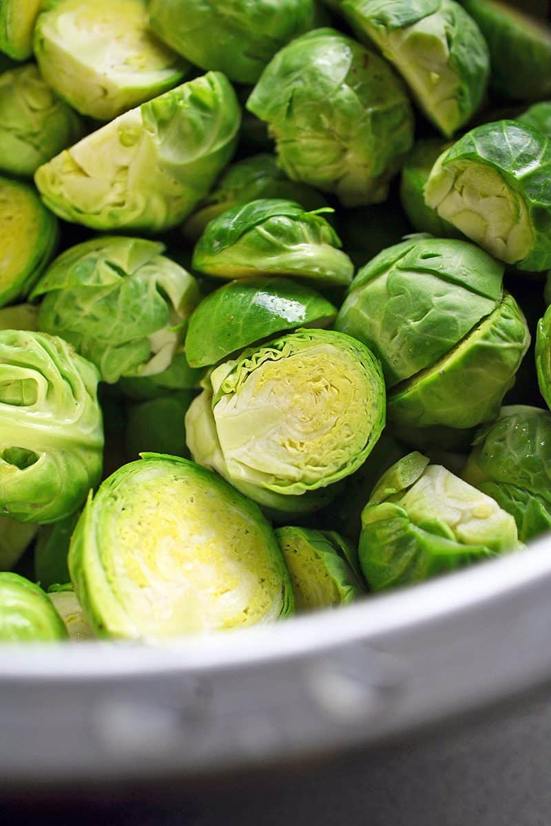 Cleaned and trimmed Brussels sprouts ready to be cooked.