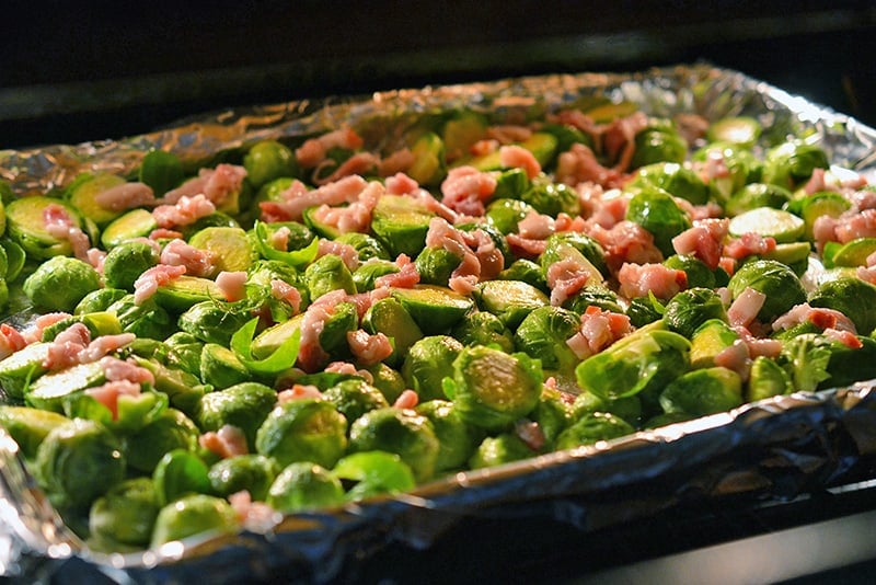 Roasted Brussels Sprouts and Bacon baking in the oven.