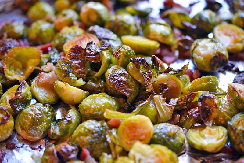 A closeup shot of Roasted Brussels Sprouts and Bacon 