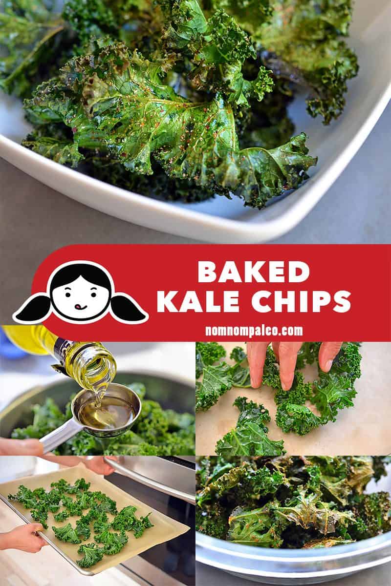 A collage of the cooking steps to make paleo and Whole30-friendly baked kale chips.