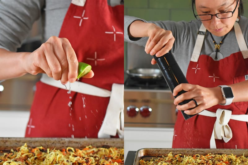 Adding fresh lime juice and freshly cracked black pepper to Crispy Swoodles with Bacon.