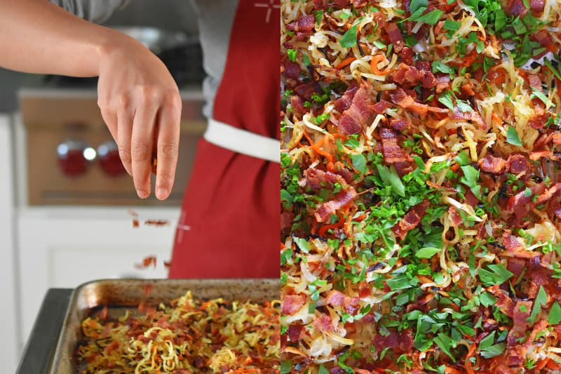 Adding bacon bits and fresh herbs to Crispy Swoodles.