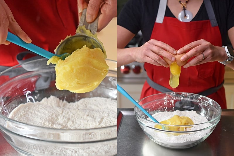 Adding ghee and eggs to the dry ingredients for Paleo Curried Meat Pies 