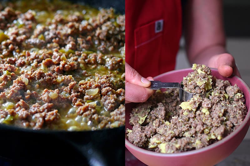 Scooping leftover Spiced Keema to fill Paleo Curried Meat Pies 