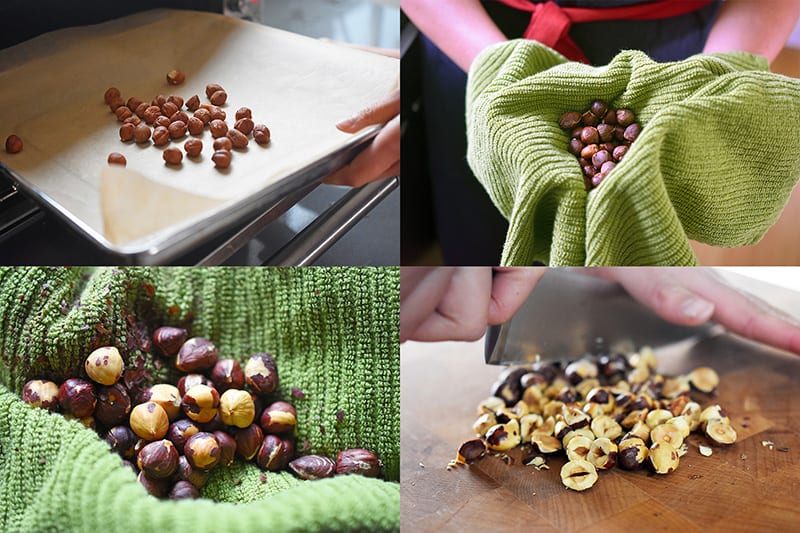 Toasting and chopping hazelnuts.