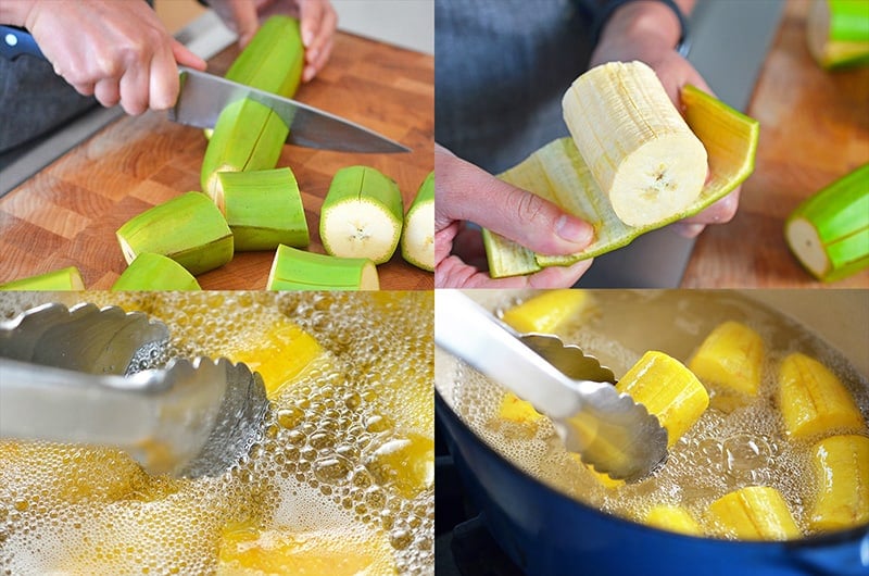 Chopping, peeling and frying green plantains for the paleo and Whole30 recipe of fried green plantains and mango avocado salsa.
