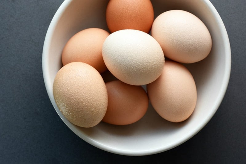 Overhead shot of a bowl of brown eggs.