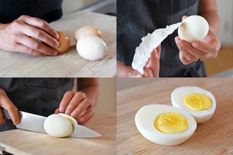 A four-shot that shows the shells easily removed from the eggs and perfectly hard cooked eggs cut in half.