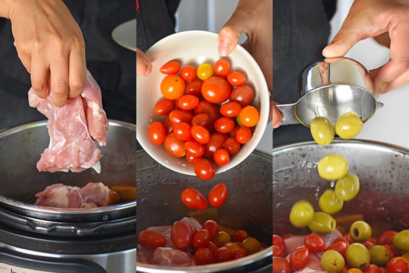 Adding the chicken thighs, cherry tomatoes, and green olives to an instant pot.