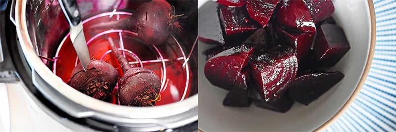 A shot of Instant Pot Beets on a steamer rack in the Instant Pot and a bowl of Instant Pot beets ready to eat