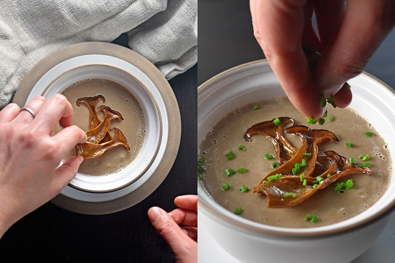 Two shots of someone garnishing a bowl of Instant Pot Cream of Mushroom Soup