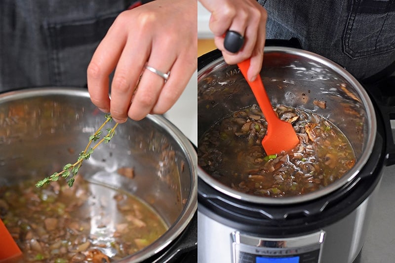 Someone adding in thyme sprigs into an Instant Pot for Instant Pot mushroom soup.