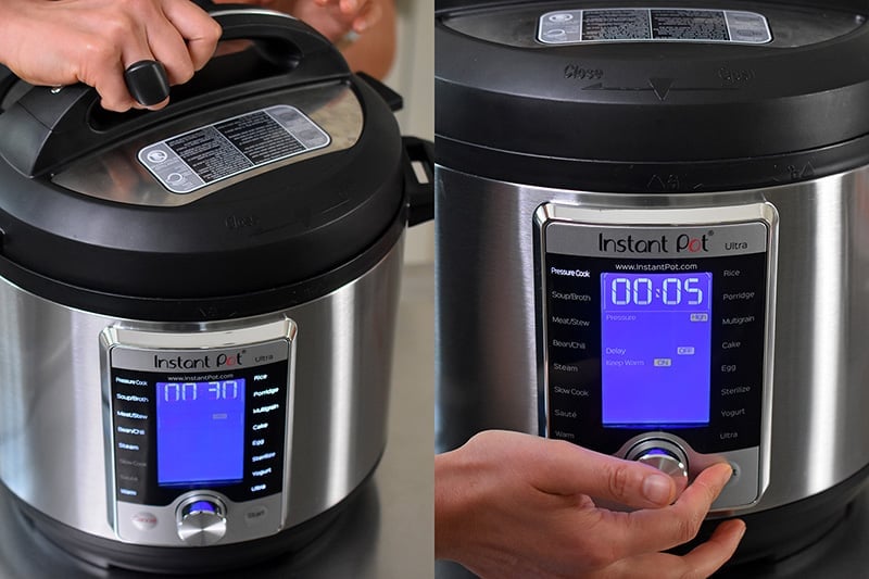 Someone locking the lid on an Instant pot and programming it to cook under high pressure.