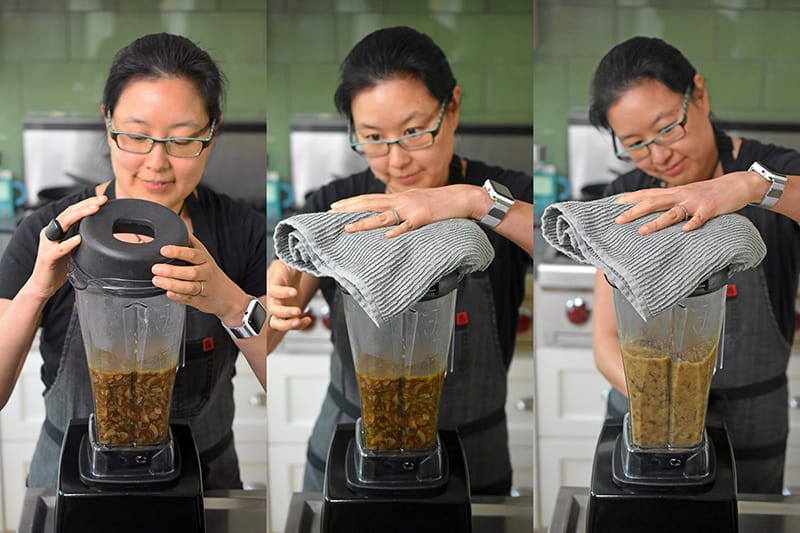 Blending the Instant Pot Cream of Mushroom Soup ingredients in a high speed blender.