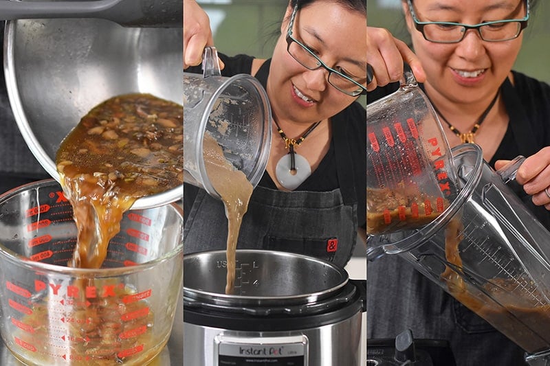 Transferring the rest of the Instant Pot cream of mushroom soup into a high speed blender.