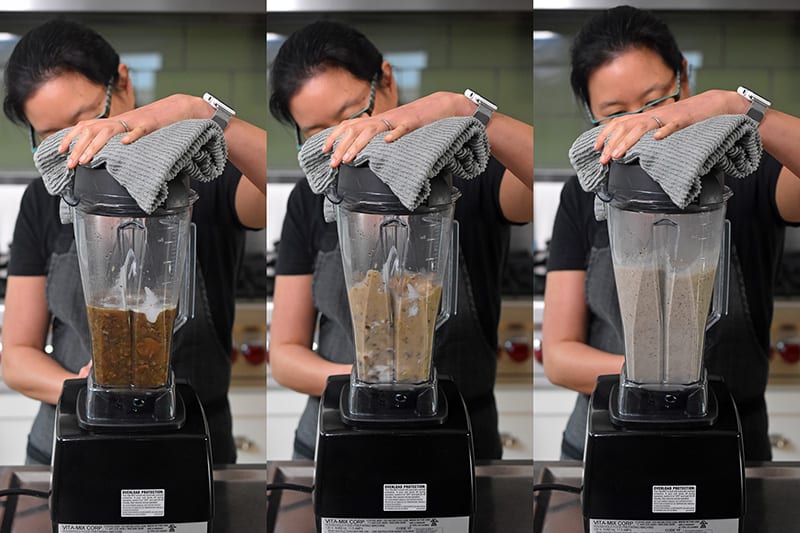 Blending the Instant Pot Cream of Mushroom Soup ingredients in a high speed blender.