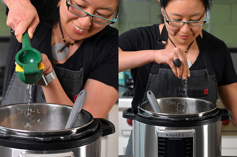 Someone adding lemon juice and salt into the Instant Pot.