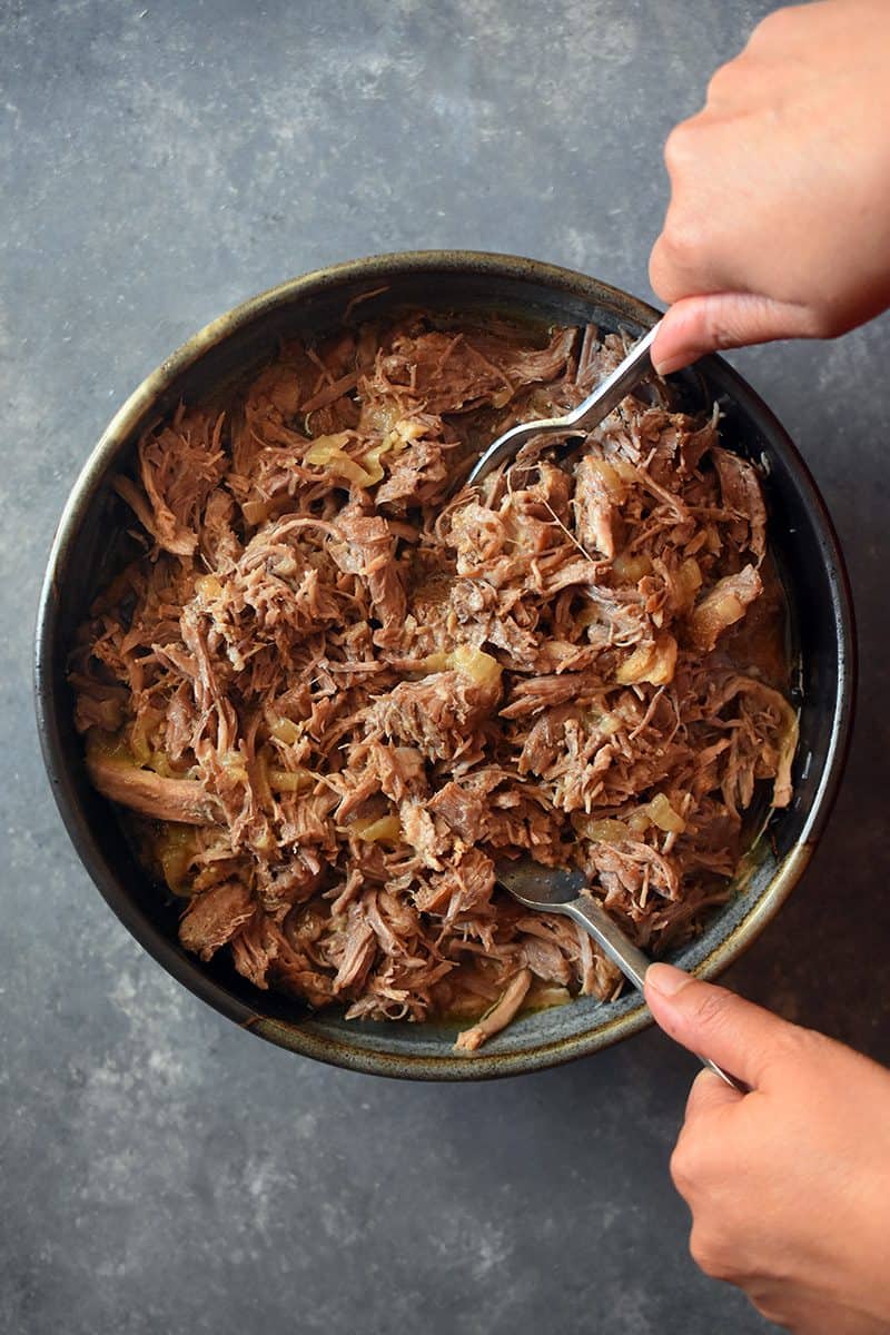 An overhead shot of a big bowl of Instant Pot Magic Pork 