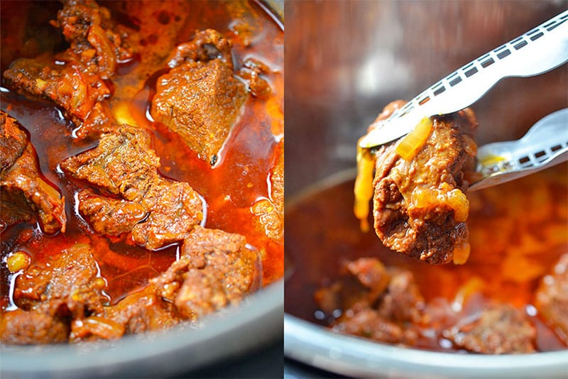 An overhead shot of Instant Pot Mexican Beef and a pair of tongs removing a piece of beef.