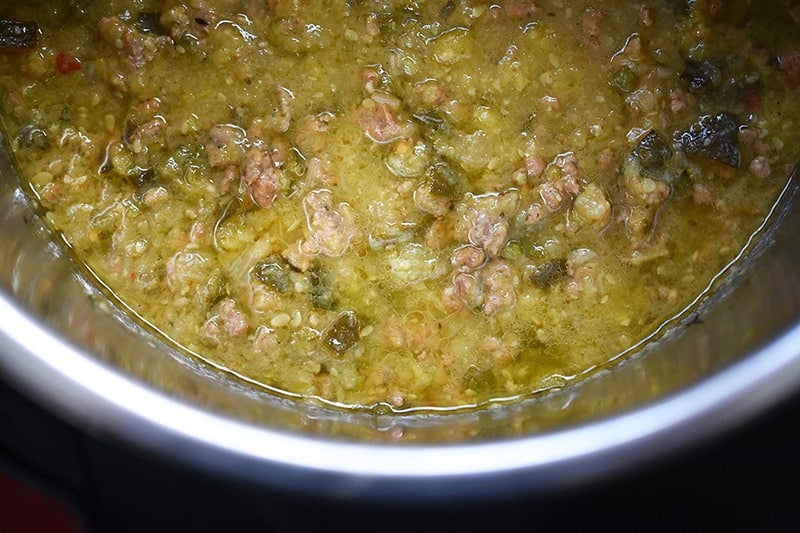 An overhead view of Instant Pot Zucchini Bolognese ready to serve out of an Instant Pot.