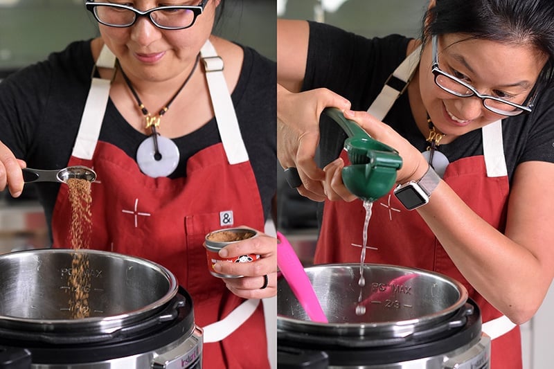 A woman is shown adding additional Nom Nom Paleo Magic Mushroom Powder and lime juice to Instant Pot Zucchini Bolognese 