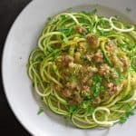 An overhead shot of a bowl of Instant Pot Zucchini Bolognese, a simple Whole30 and Paleo make-ahead dinner.