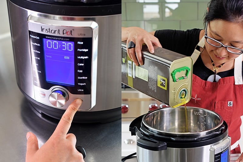 A shot of someone turning on the sauté function on an Instant Pot Ultra and adding some olive oil into the insert.