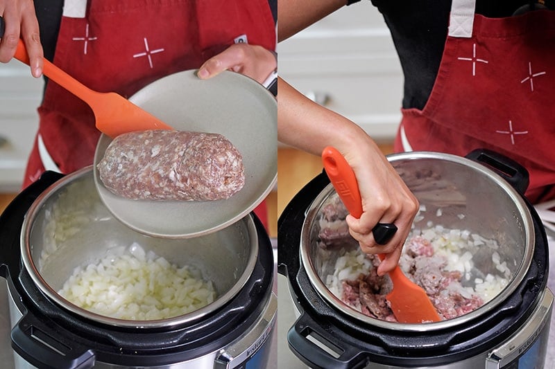 Bulk Italian sausage is added to an open Instant Pot and stirred in.