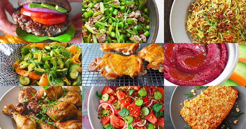 A collage of Whole30-compliant Nom Nom Paleo dishes.