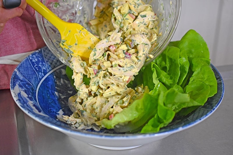 Someone spooning curry chicken salad into a bowl with butter lettuce leaves.