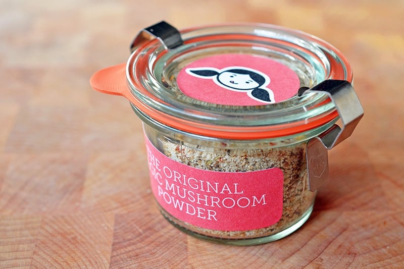 A shot of a glass jar filled with homemade Magic Mushroom Powder 
