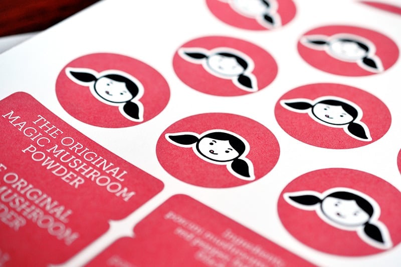 A shot of Magic Mushroom Powder labels