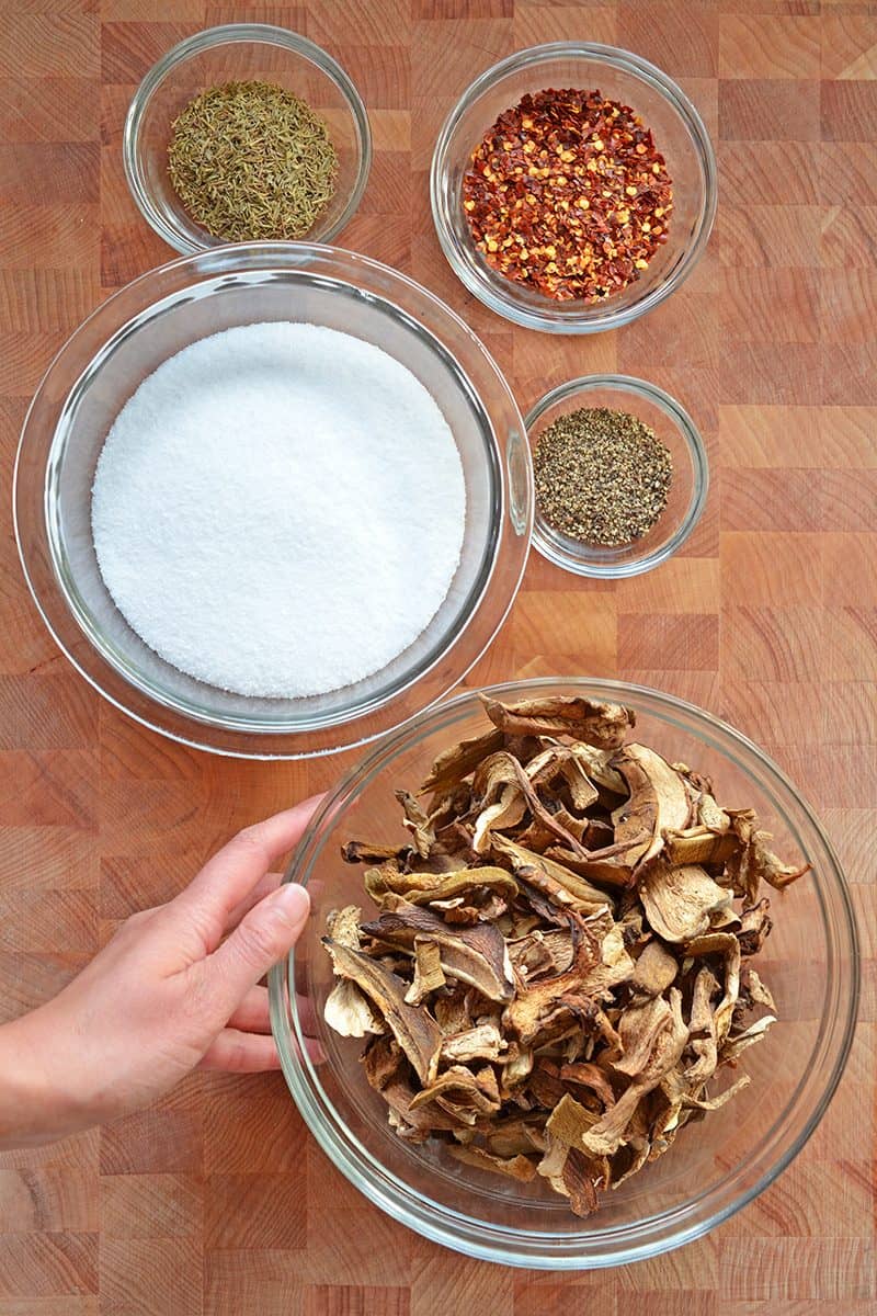 An overhead shot of the all the ingredients needed to make Magic Mushroom Powder 