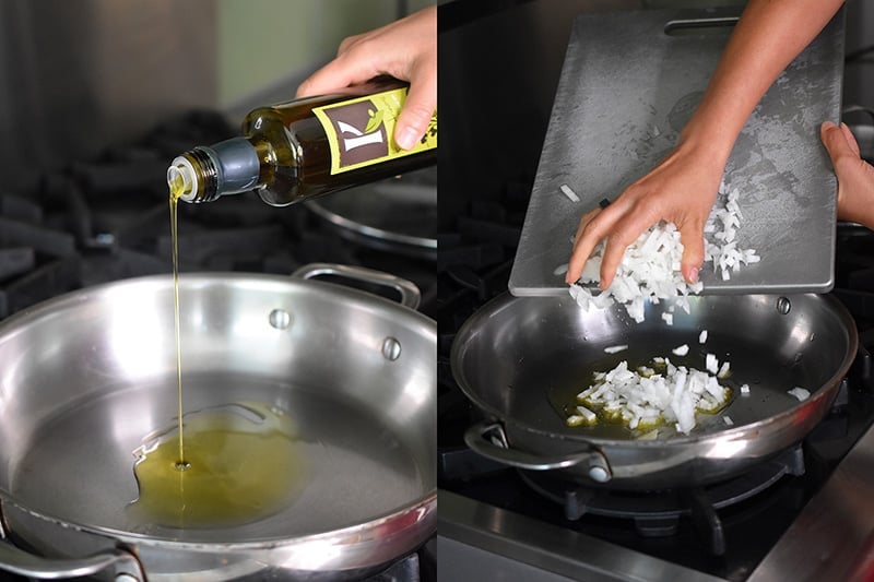 Sautéing chopped onions in olive oil in a large skillet for Mexican Cauliflower rice